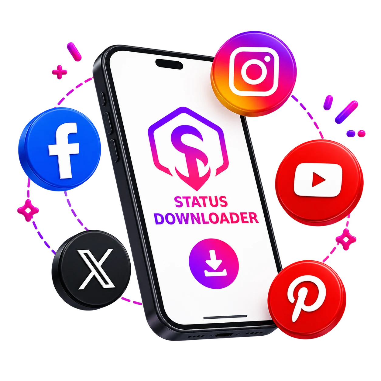 StatusDownloader on a phone surrounded by Instagram, Facebook, YouTube, X and Pinterest icons