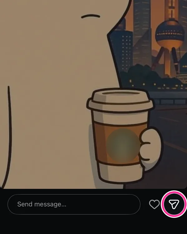 Instagram story on a phone, with the Share button (paper plane) marked in pink at the bottom right