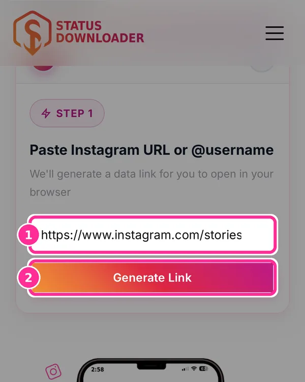 Step 1 on this page: the story link pasted in the box (1) and the Generate Link button (2) marked in pink