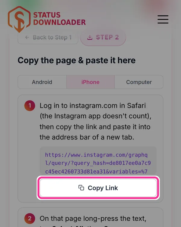 Step 2 on this page with the Copy Link button marked in pink