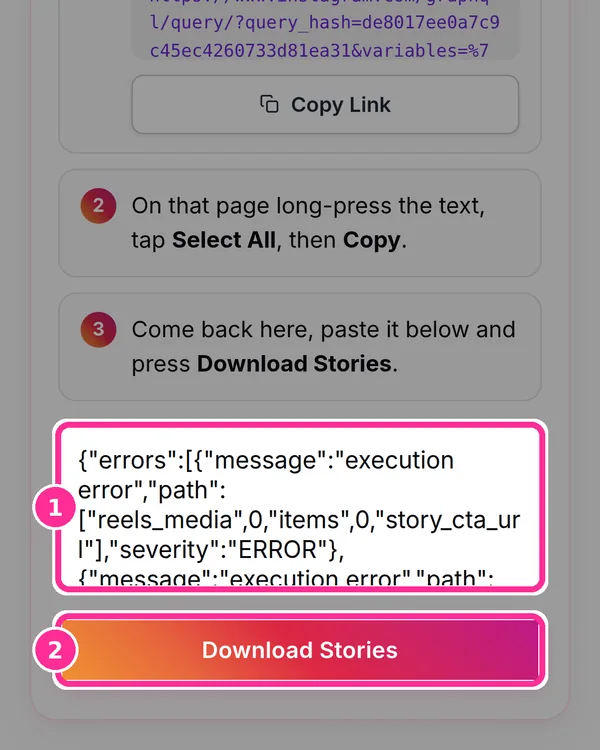 The copied text pasted in the box (1) and the Download Stories button (2) marked in pink