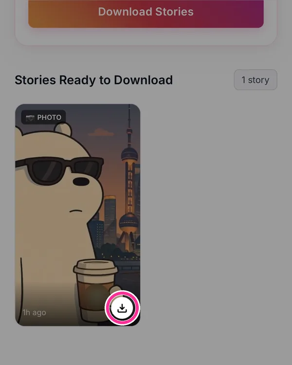 A story under Stories Ready to Download, with its download button marked in pink