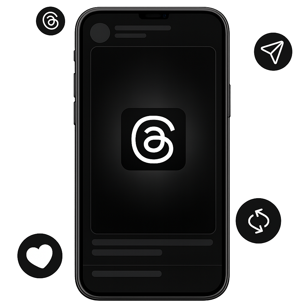 Un teléfono con la app Threads, rodeado de iconos de Threads, compartir, republicar y me gusta