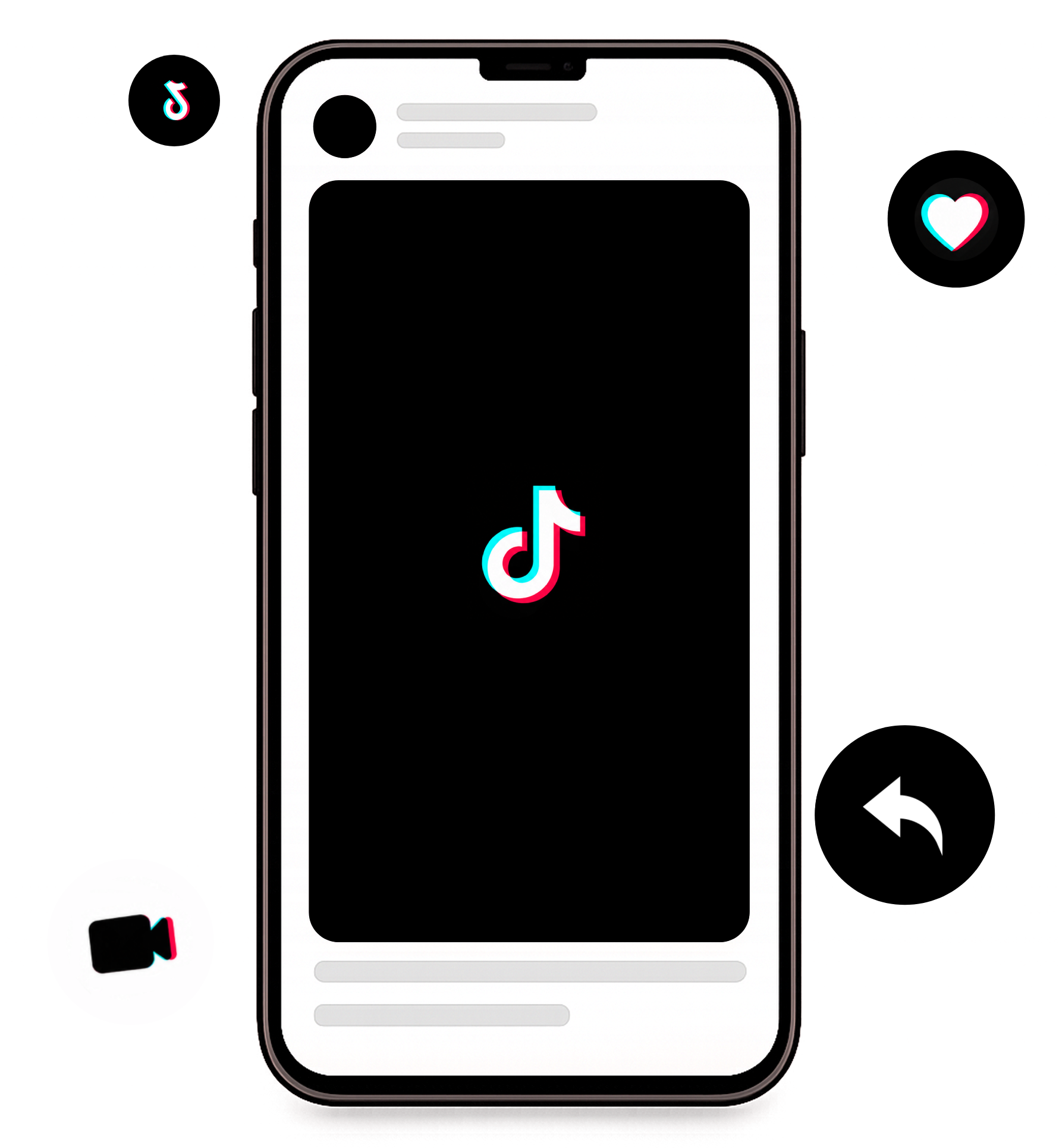 A phone showing the TikTok app, ringed by video, like and share icons