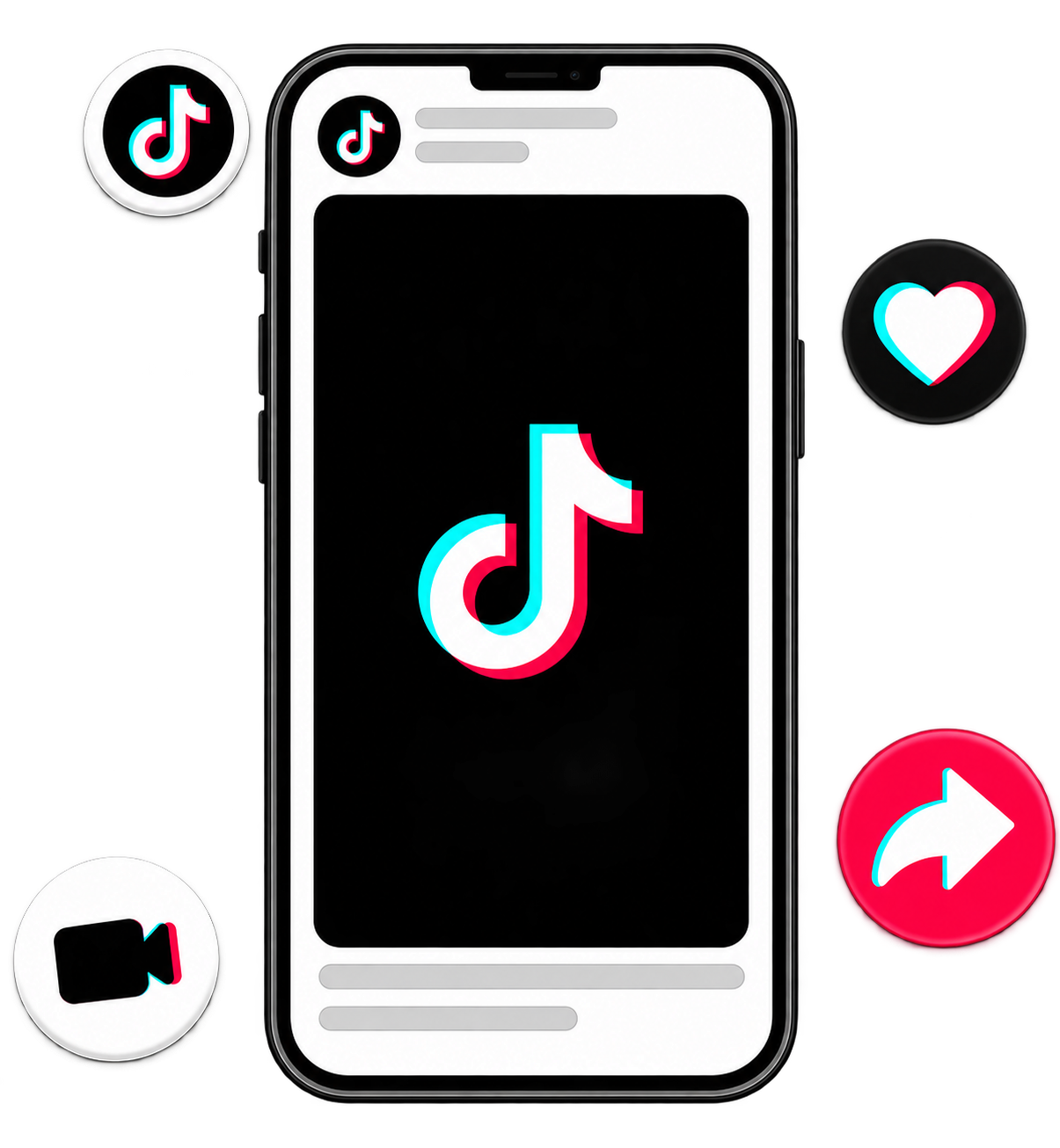 A phone showing the TikTok app, ringed by video, like and share icons