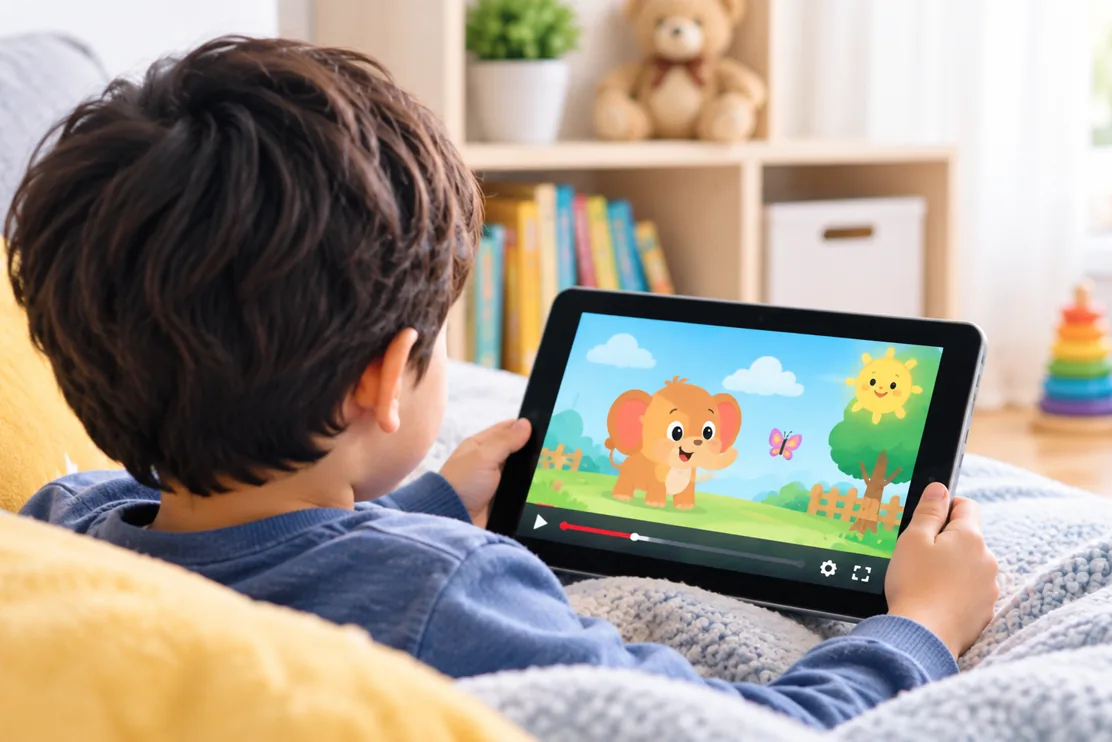 A child sitting on a sofa watching a cartoon video on a tablet